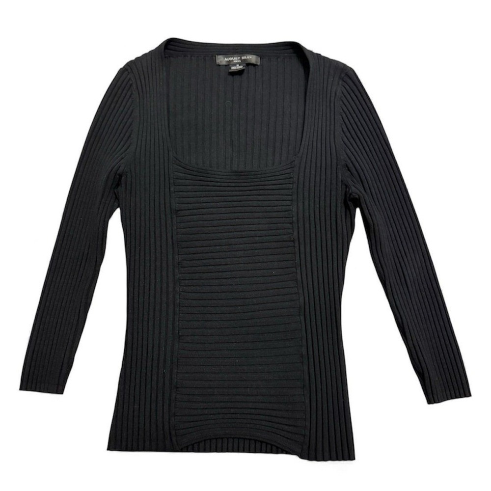 August Silk Ribbed Knit Sweater Womens Medium Black Square Neck Silk Blend Top